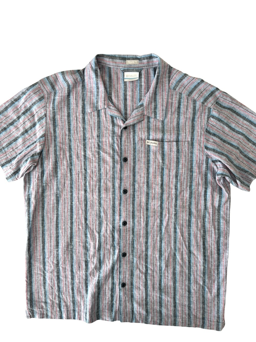 Columbia Linen Blend Camp Shirt Men's Large Blue Gray Striped Button Up Casual
